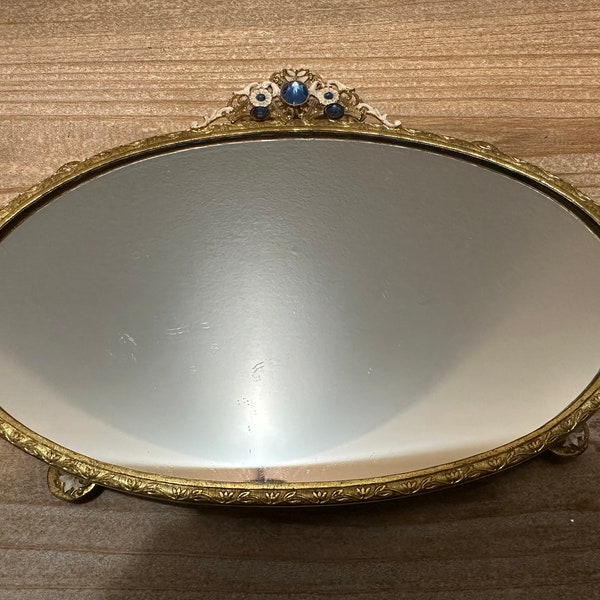 Vintage Gold Brass Vanity Mirror Sapphire Jeweled Feet Tray Filigree Jewel Embellished Oval Boudoir Tray Jeweled Footed Hollywood Regency