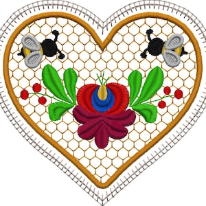 Machine embroidery design folk heart with bee, christmas ornament
