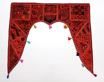 Red Window Treatments Valance Topper Vintage Eclectic Kundan Patchwork Ethnic Living Room Door Hanging ~ 60 x 20-16436