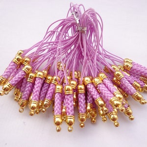 Cell Phone Strap Lanyard--50 pcs 70x5mm Lavender Lariat Lanyard Mobile Cell Phone Strap Chains Connectors With Gold Metal Top