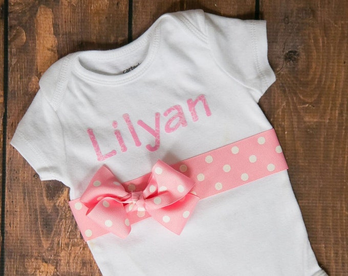 Personalized Name Outfit with light pink name and pink polk a dot ribbon sash! hospital outfit / coming home outfit / baby shower gift