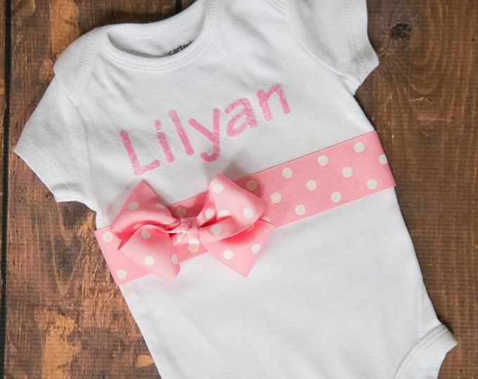 Personalized Name Outfit with light pink name and pink polk a dot ribbon sash! baby girl / hospital outfit / coming home outfit
