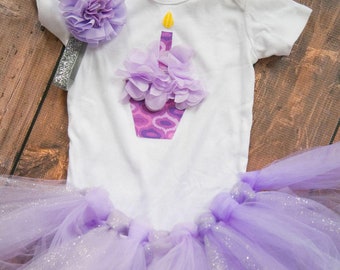 1st Birthday Outfit: Purple Ruffle Cupcake Bodysuit, Tutu & Headband