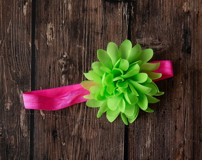 Pink and Lime Flower Baby Headband / 4" Chiffon Lime Green Flower on Bright Pink Elastic Headband / 5/8" FOE Elastic / Citrus Green