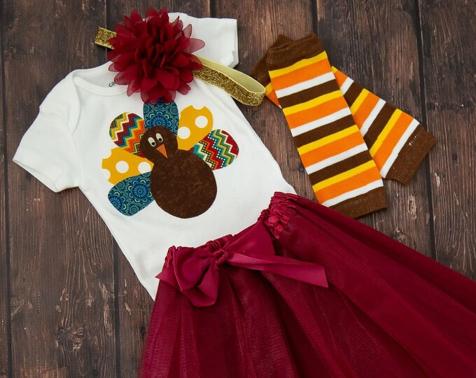 Thanksgiving Turkey 4 Piece Outfit for baby girl! Baby Thanksgiving Bodysuit / Baby Girl Thanksgiving Bodysuit, Tutu, Headband, Leg Warmers