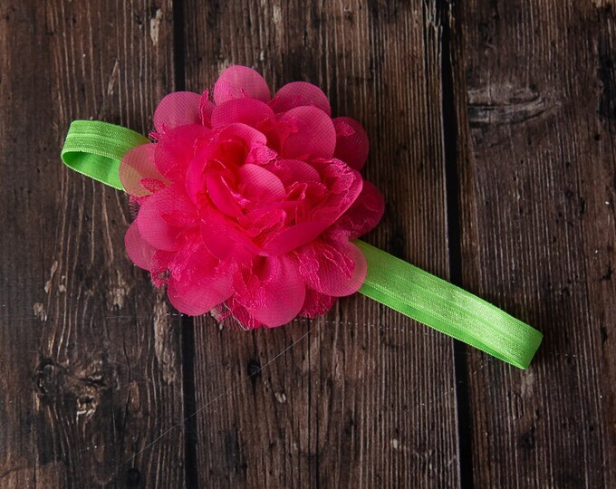 Pink and Lime Flower Baby Headband / 4" Chiffon Bright Pink Flower on Lime Green Elastic Headband / 5/8" FOE Elastic Lime Green Citrus Green