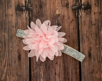 Pink Chiffon Flower Baby Headband: Silver Glitter Elastic