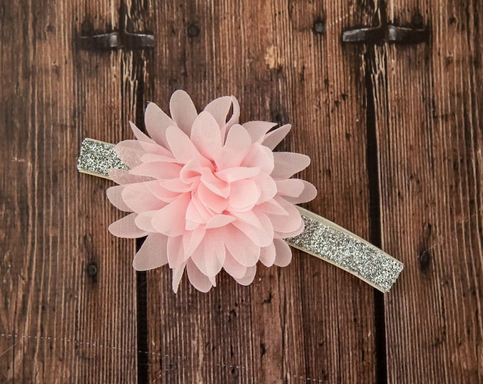 Pink and Silver Flower Baby Headband / 4" Chiffon Light Pink Flower on Sparkly Silver Elastic Headband / 5/8" FOE Elastic Silver Glitter