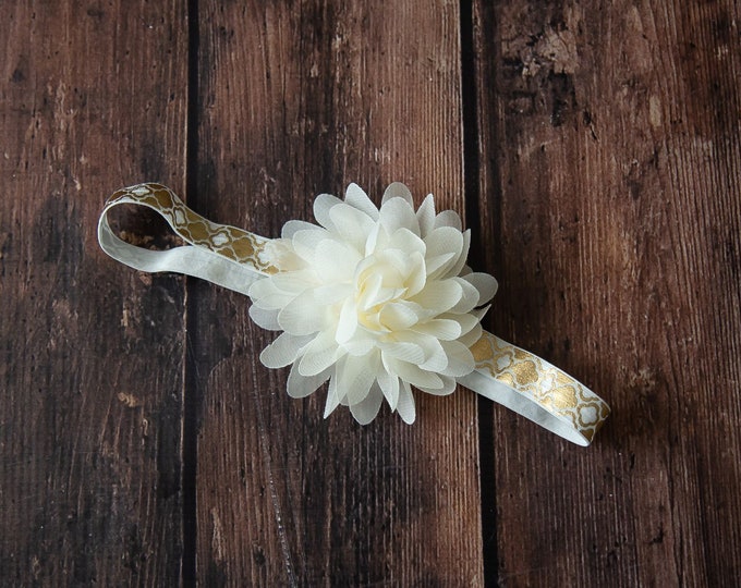 Ivory Flower Baby Headband / 4" Chiffon Flower on Gold Print Elastic Headband / 5/8" FOE Elastic / Thanksgiving Headband / Gold and White