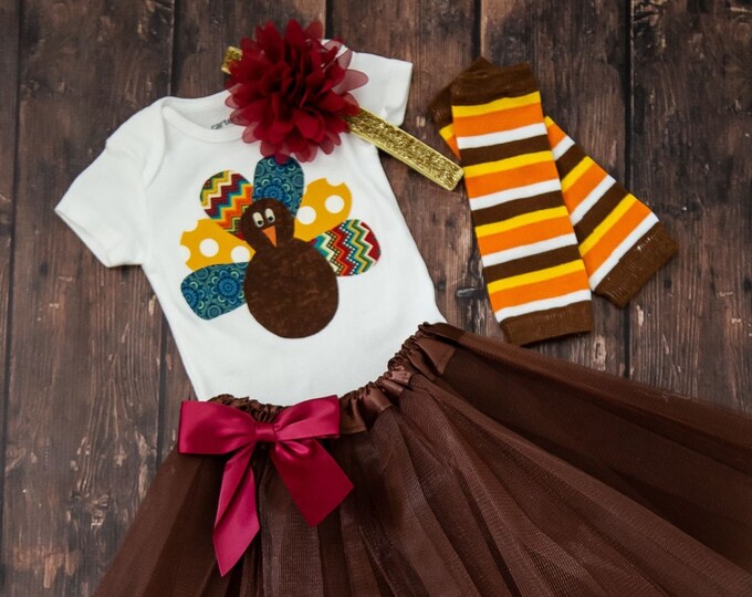 Thanksgiving Turkey 4 Piece Outfit for baby girl! Baby Thanksgiving Bodysuit / Baby Girl Thanksgiving Bodysuit, Tutu, Headband, Leg Warmers