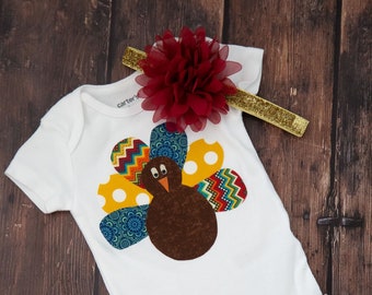 Thanksgiving Turkey 2 Piece Outfit for baby girl! Baby Thanksgiving Bodysuit / Baby Girl Thanksgiving Bodysuit, Headband