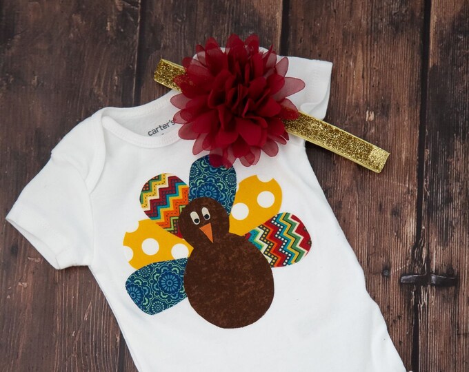 Thanksgiving Turkey 2 Piece Outfit for baby girl! Baby Thanksgiving Bodysuit / Baby Girl Thanksgiving Bodysuit, Headband