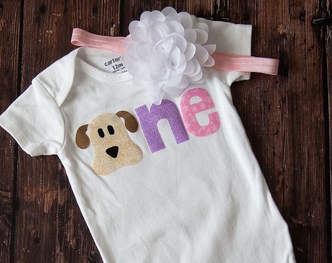 Puppy PAWty 1st Birthday 2 Piece Outfit! Puppy First Birthday Outfit! Girl Puppy birthday / Girl puppy birthday shirt / white headband