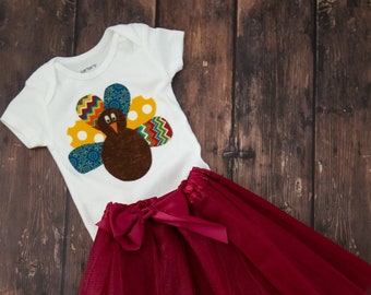 Baby Girl Thanksgiving Outfit: Turkey Bodysuit & Burgundy Tutu