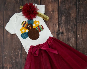 Baby Girl Thanksgiving Outfit: Turkey Bodysuit, Burgundy Tutu, Headband