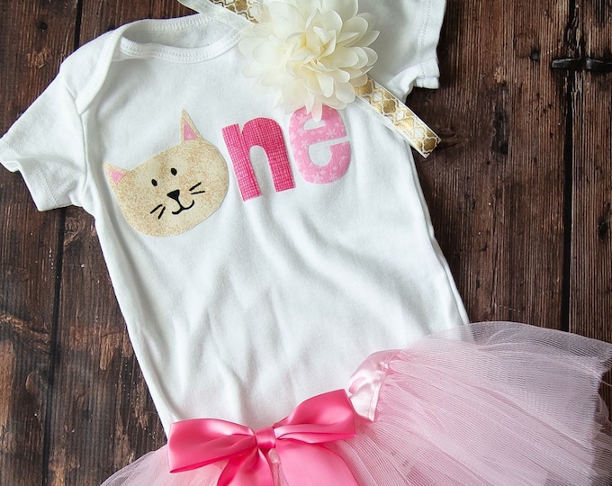 Kitten 1st Birthday Outfit! Gold kitten one First Birthday Outfit with matching pink tutu and light gold headband!