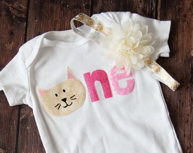 Kitten 1st Birthday Outfit! Gold kitten one First Birthday Outfit with matching light gold headband!