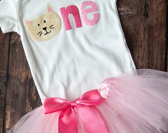 Pink and Gold Kitten First Birthday Outfit with matching Pink Tutu / 1st Birthday Baby Girl / Kitten 1st Birthday