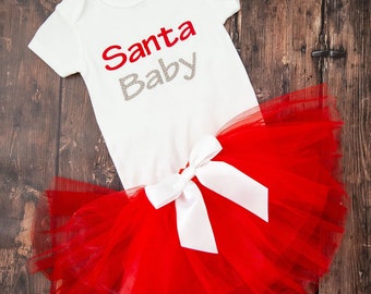 Santa Baby Bodysuit with Matching Red Tutu / Santa baby Tutu / Christmas baby outfit / Baby Girl Christmas Bodysuit