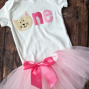 Pink and Gold Kitten First Birthday Outfit with matching Pink Tutu / 1st Birthday Baby Girl / Kitten 1st Birthday