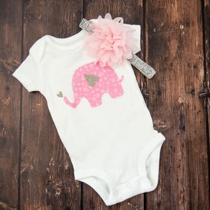 Pink Elephant Baby Outfit: Bodysuit & Headband Set