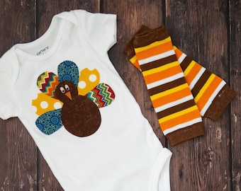 Baby Thanksgiving Outfit: Turkey Bodysuit and Striped Leg Warmers