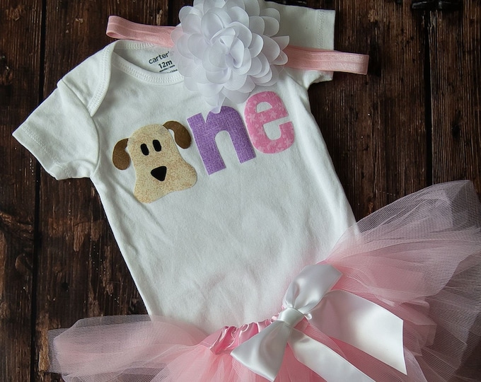 Puppy PAWty 1st Birthday 3 Piece Outfit! Puppy First Birthday Outfit! Girl Puppy birthday / Girl puppy birthday shirt / pink tutu / headband