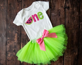 Watermelon 1st Birthday Outfit: Pink & Green Bodysuit, Tutu