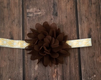 Brown Flower Baby Headband / 4" Chiffon Flower on Gold Print Elastic Headband / 5/8" FOE Elastic