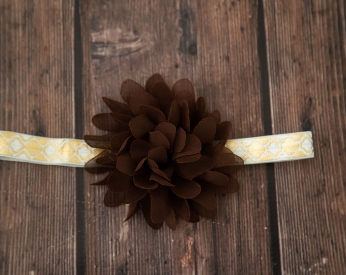 Brown Flower Baby Headband / 4" Chiffon Flower on Gold Print Elastic Headband / 5/8" FOE Elastic