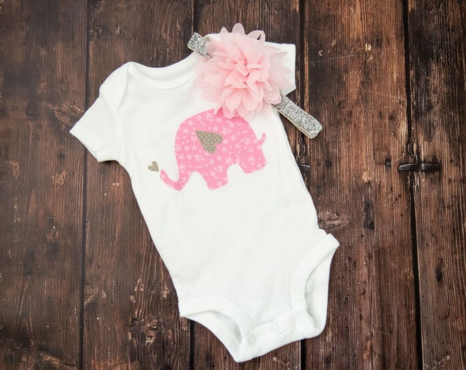 Pink and Grey Elephant Outfit! Baby Elephant Outfit! Girl elephant pink and silver / Girl elephant birthday shirt / pink and silver headband