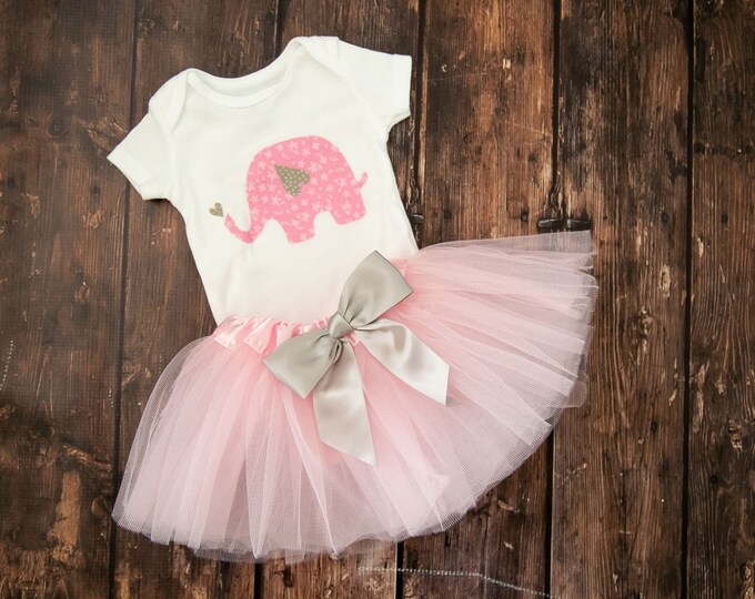 Pink and Grey Elephant Outfit! Baby Elephant Outfit! Girl elephant pink and silver / Girl elephant birthday shirt / pink tutu / headband