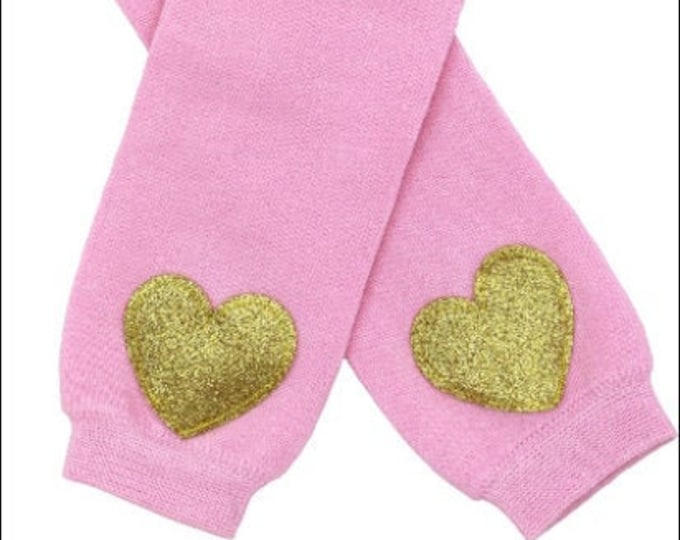 Light Powder Pink Leg Warmers with Sparkle Gold Heart! One Size Solid Pink Legging /  Light Pink Leg Warmer / Pink and Gold 1st Birthday