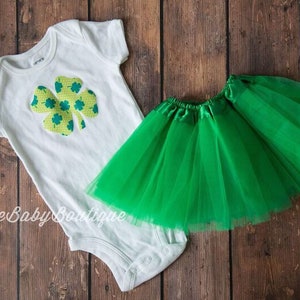 Green shamrock baby bodysuit with green infant tutu St. Patrick's day baby bodysuit Green Clover lime and kelly green 4 leaf clover image 1