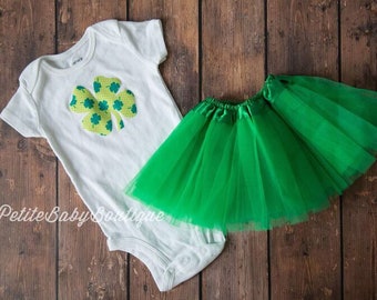 Green shamrock baby bodysuit with green infant tutu! St. Patrick's day baby bodysuit Green Clover lime and kelly green 4 leaf clover
