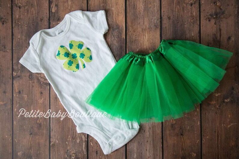 Green shamrock baby bodysuit with green infant tutu St. Patrick's day baby bodysuit Green Clover lime and kelly green 4 leaf clover image 1
