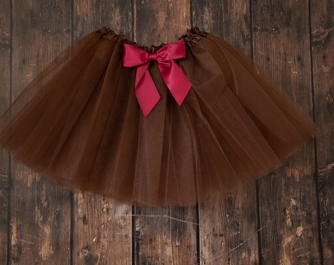Brown infant or toddler tutu with burgundy satin removable or interchangeable bow / brown and burgundy tutu / wine colored tutu