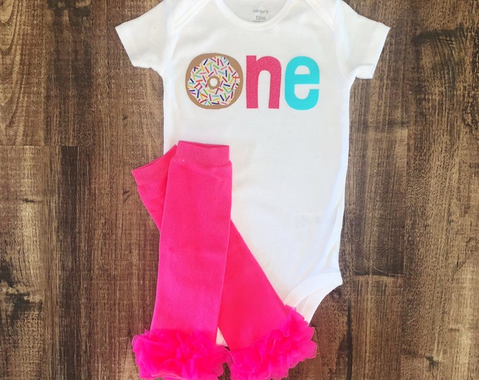 Donut grow up shirt / donut first birthday bodysuit with matching pink ruffle leg warmers! Rainbow sprinkle donut one First Birthday Outfit!