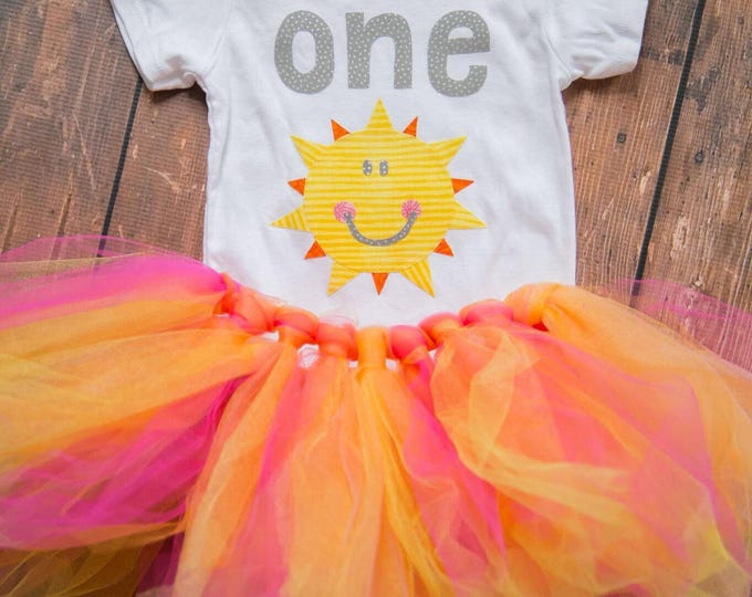 You Are My Sunshine First Birthday Outfit with matching yellow pink and orange tutu! Fun In The Sun Baby Girl 1st Birthday Bodysuit / one