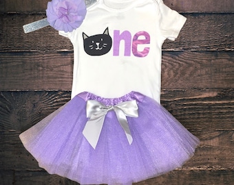 Kitten 1st Birthday Outfit: Lavender Tutu, Sparkly Headband