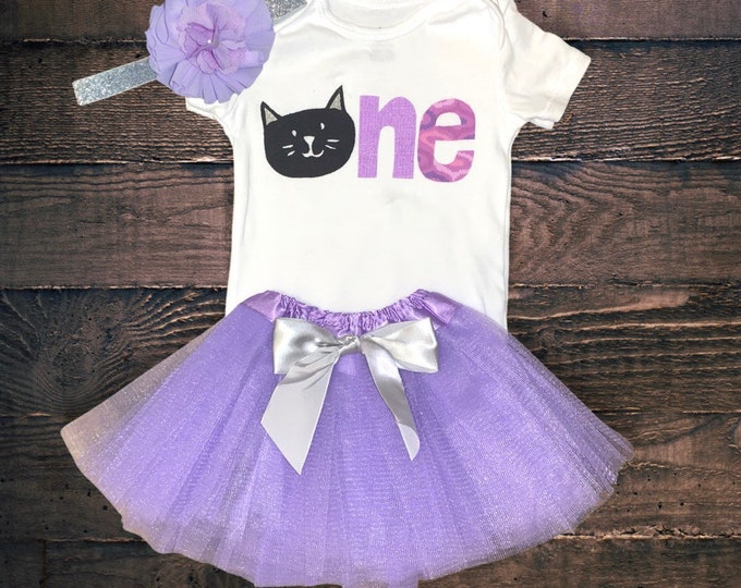 Kitten 1st Birthday Outfit! Lavender and black cat one First Birthday Outfit with matching purple tutu and sparkly silver headband!