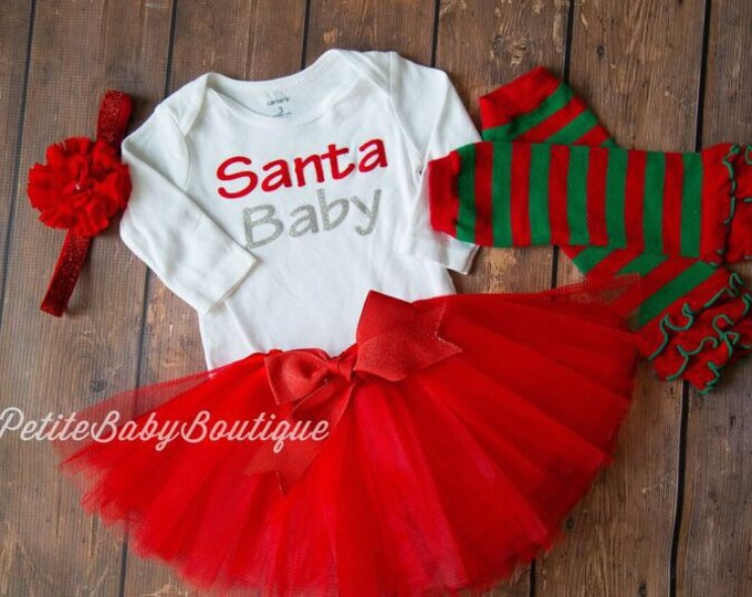 Santa Baby Bodysuit with matching headband and tutu! Santa baby / christmas baby otfit / baby girl christmas