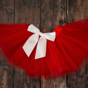 Red infant or toddler tutu with white removable satin bow / red and white baby tutu / Christmas tutu / red tutu / white hair bow