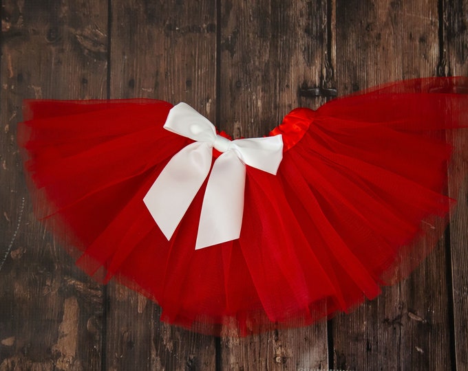 Red infant or toddler tutu with white removable satin bow / red and white baby tutu / Christmas tutu / red tutu / white hair bow