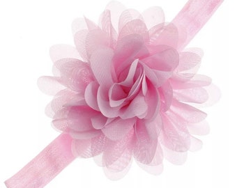 Light Pink Chiffon Flower Baby Headband / 4" Chiffon Light Pink Flower on Light Pink Elastic Headband / 5/8" FOE Elastic Powder Pink