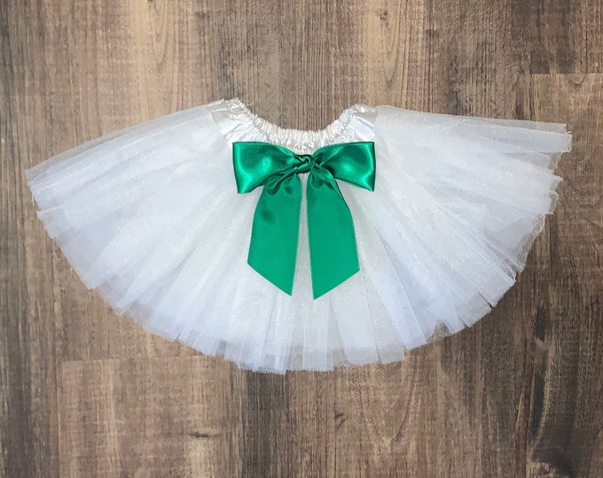 White baby tutu or toddler tutu with Kelly green satin removable interchangeable bow / Christmas Tutu / first birthday / newborn tutu