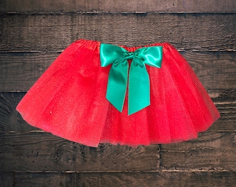 Red infant or toddler tutu with kelly green removable satin bow / red and green baby tutu / Christmas tutu / red tutu / green satin bow