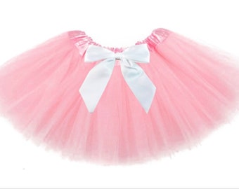 Light Pink Baby Tutu: White Satin Bow, Infant Toddler Dance Skirt