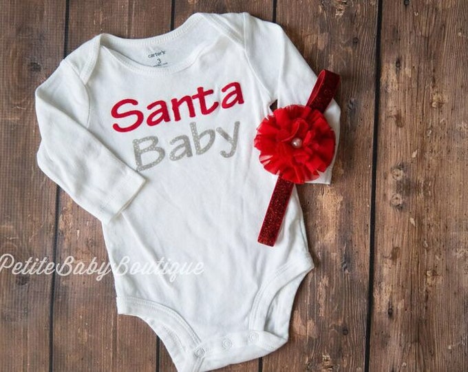 Santa Baby Bodysuit with matching headband! Santa baby / christmas baby outfit / baby girl christmas / christmas headband