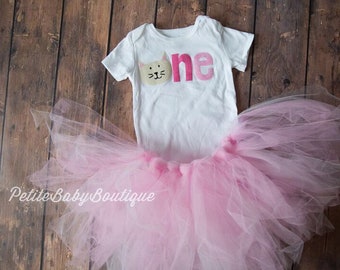Kitten First Birthday Outfit: Pink Tutu, Gold Bodysuit